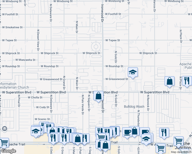map of restaurants, bars, coffee shops, grocery stores, and more near 1705 West Mockingbird Street in Apache Junction