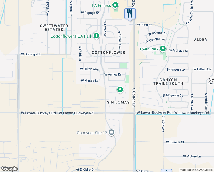map of restaurants, bars, coffee shops, grocery stores, and more near 2406 South 172nd Lane in Goodyear
