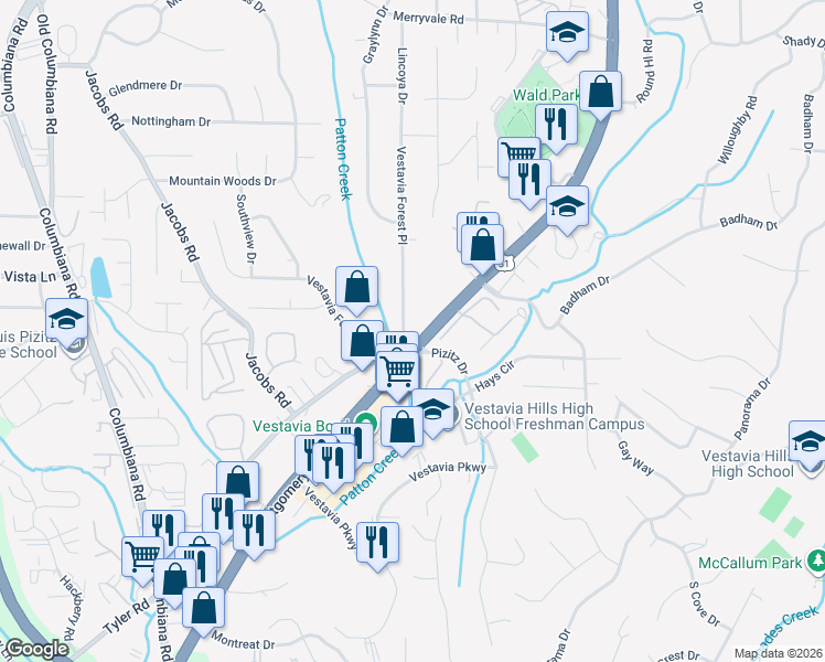 map of restaurants, bars, coffee shops, grocery stores, and more near 2841 Vestavia Forest Place in Vestavia Hills