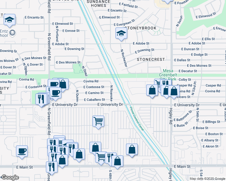 map of restaurants, bars, coffee shops, grocery stores, and more near 4802 East Camino Circle in Mesa