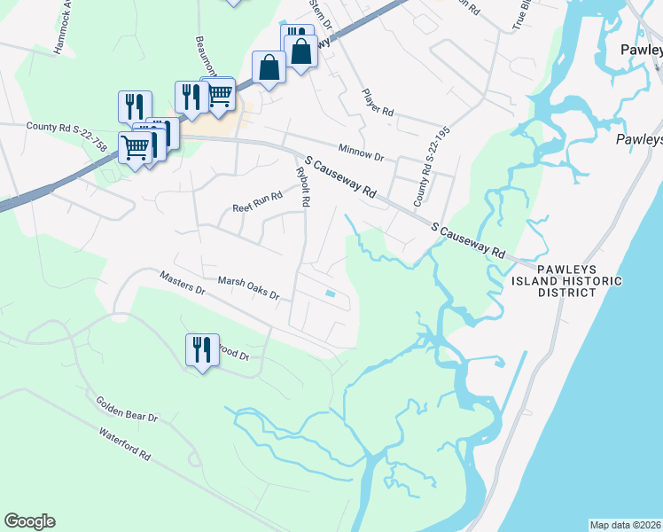map of restaurants, bars, coffee shops, grocery stores, and more near 49 Reef Run Road in Pawleys Island