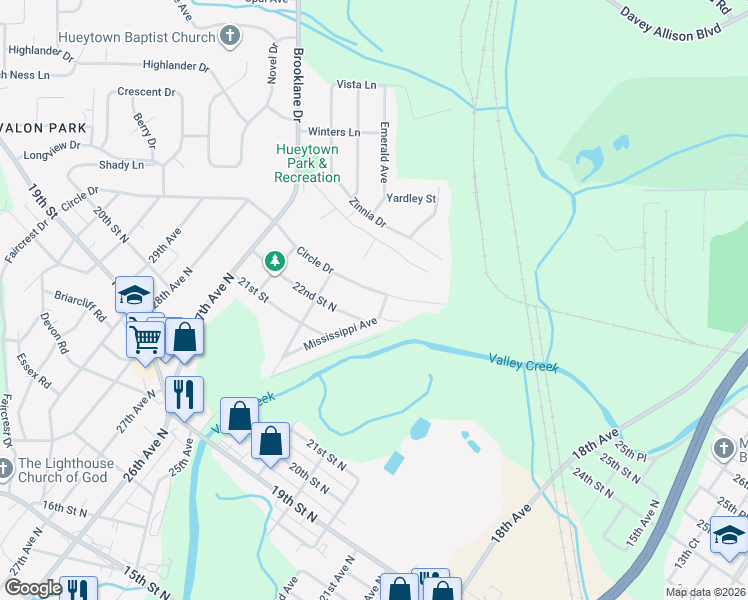 map of restaurants, bars, coffee shops, grocery stores, and more near 2408 Circle Drive in Hueytown