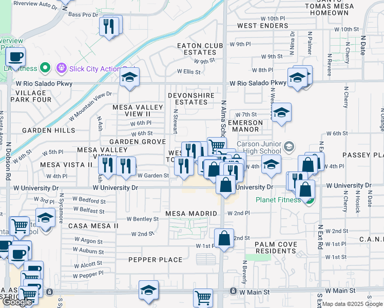 map of restaurants, bars, coffee shops, grocery stores, and more near 510 North Alma School Road in Mesa
