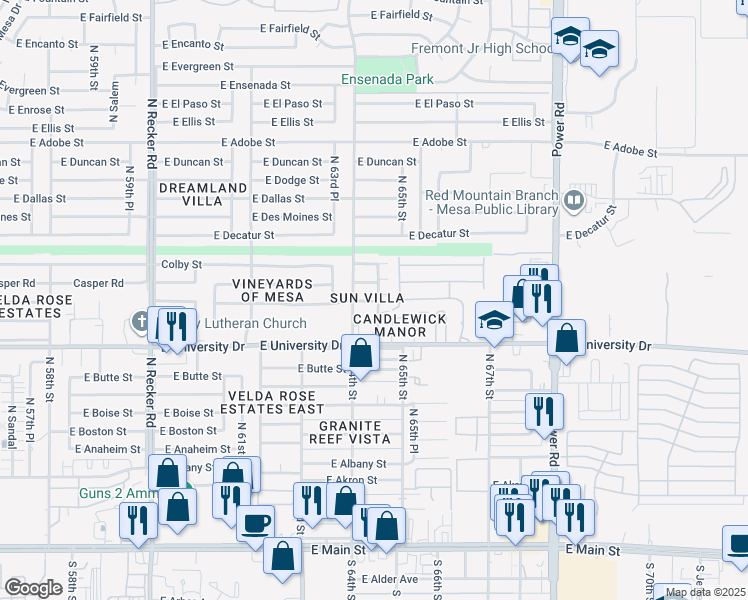 map of restaurants, bars, coffee shops, grocery stores, and more near 506 North 64th Place in Mesa