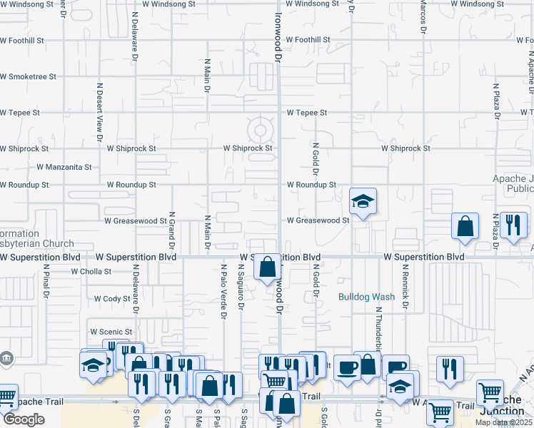map of restaurants, bars, coffee shops, grocery stores, and more near 1657 West Mockingbird Street in Apache Junction