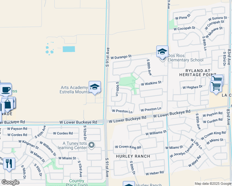 map of restaurants, bars, coffee shops, grocery stores, and more near 2502 South 90th Lane in Tolleson