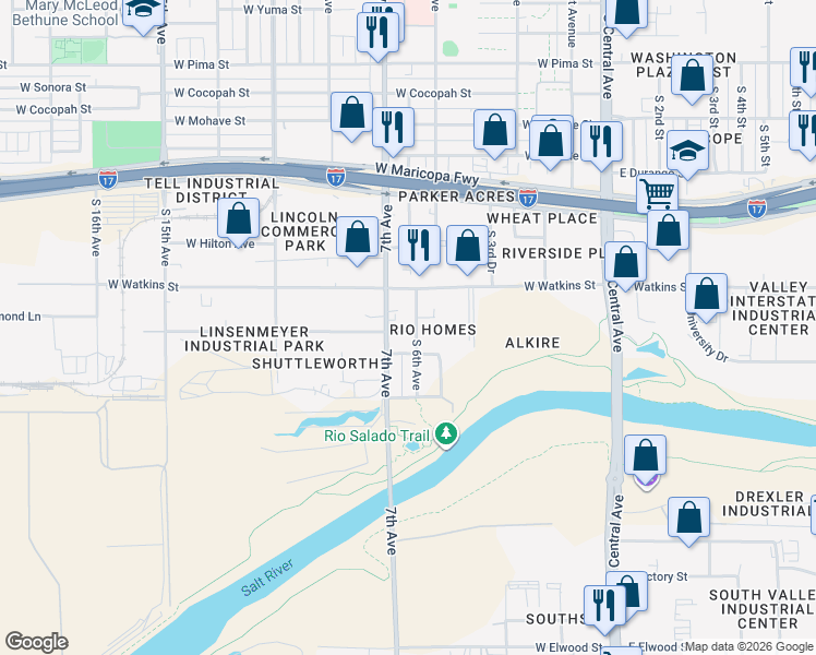 map of restaurants, bars, coffee shops, grocery stores, and more near 2430 South 6th Avenue in Phoenix