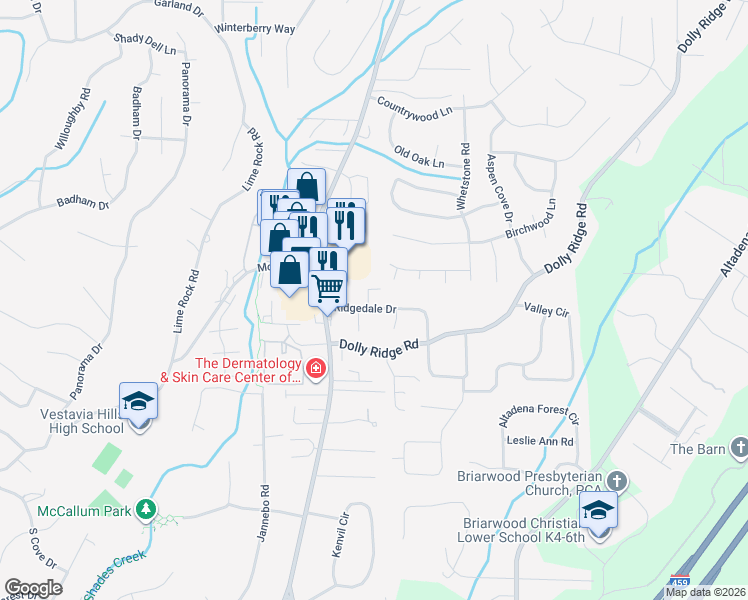 map of restaurants, bars, coffee shops, grocery stores, and more near 2528 Countrywood Trce in Vestavia Hills
