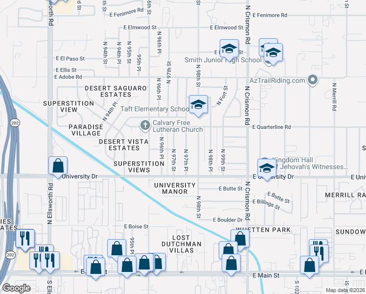 map of restaurants, bars, coffee shops, grocery stores, and more near 502 North 97th Place in Mesa