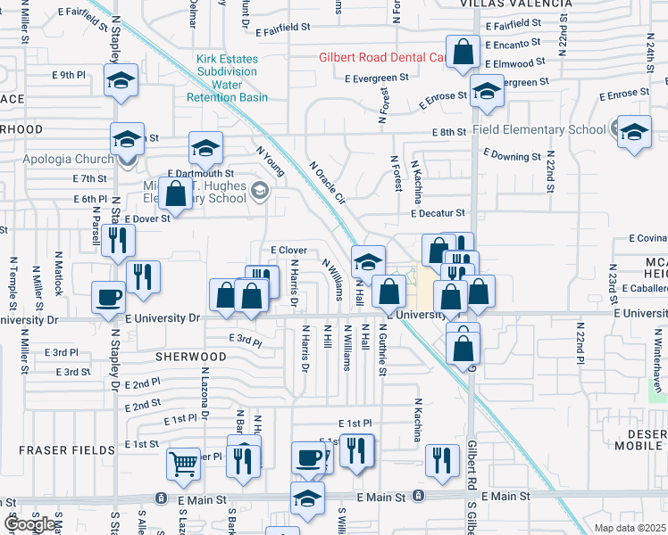 map of restaurants, bars, coffee shops, grocery stores, and more near 507 North Williams in Mesa