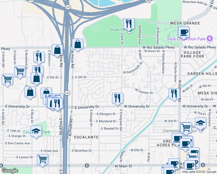 map of restaurants, bars, coffee shops, grocery stores, and more near 544 South Allred Drive in Tempe