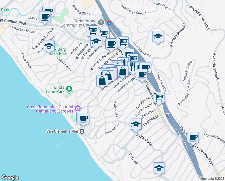 map of restaurants, bars, coffee shops, grocery stores, and more near 220 Avenida Victoria in San Clemente