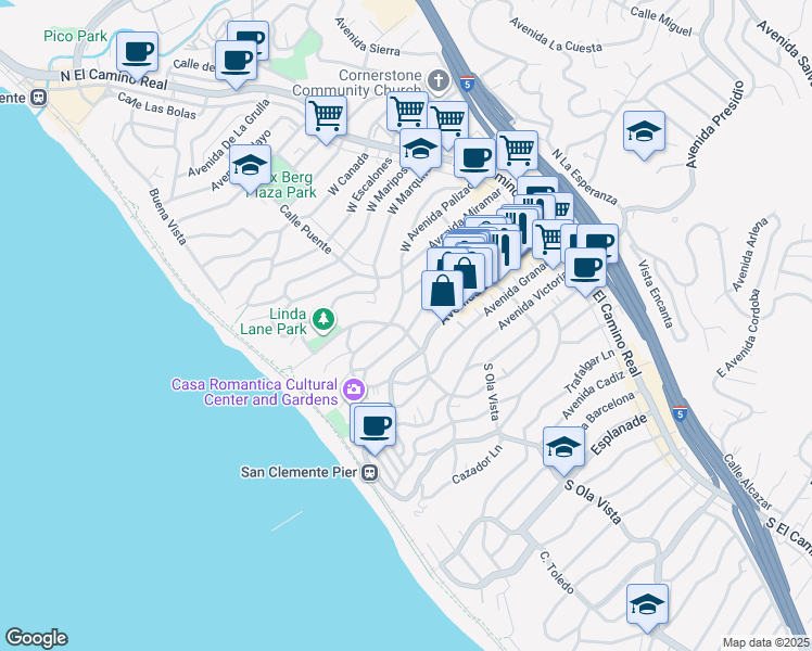 map of restaurants, bars, coffee shops, grocery stores, and more near 100 South Calle Seville in San Clemente