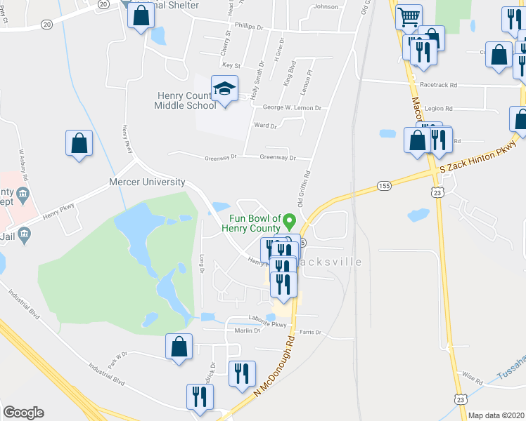 map of restaurants, bars, coffee shops, grocery stores, and more near 2028 Therron Drive in McDonough