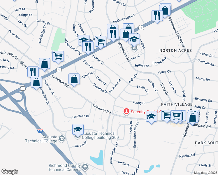 map of restaurants, bars, coffee shops, grocery stores, and more near 2505 Dover St in Augusta