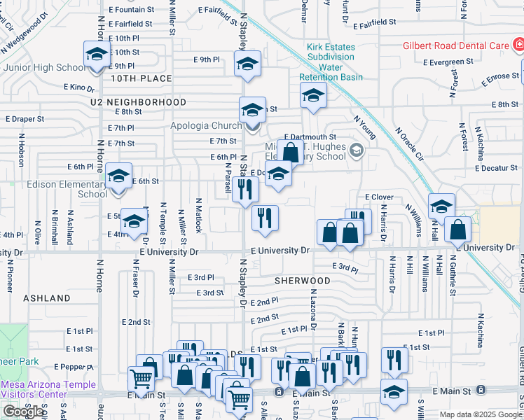 map of restaurants, bars, coffee shops, grocery stores, and more near 515 North Stapley Drive in Mesa