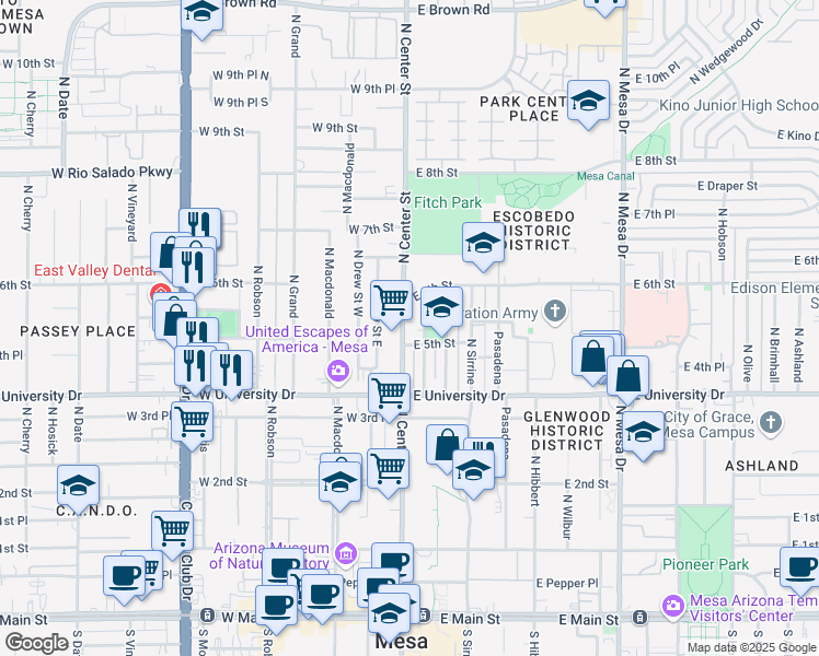 map of restaurants, bars, coffee shops, grocery stores, and more near 517 North Center Street in Mesa