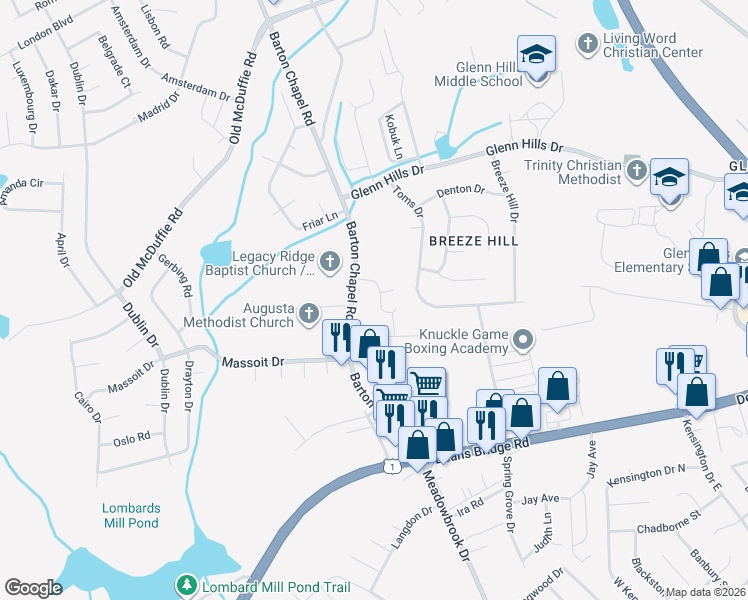map of restaurants, bars, coffee shops, grocery stores, and more near 2708 Blossom Drive in Augusta