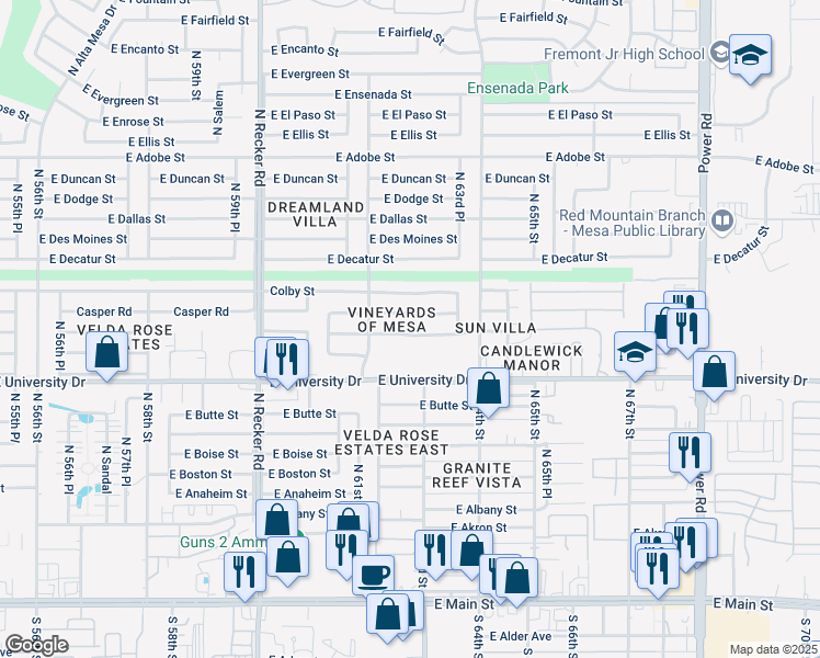 map of restaurants, bars, coffee shops, grocery stores, and more near 6252 East Covina Street in Mesa