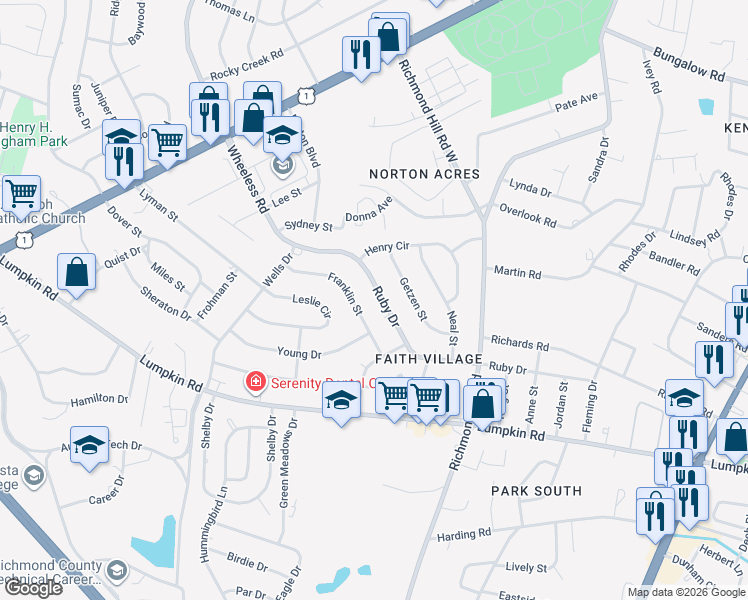 map of restaurants, bars, coffee shops, grocery stores, and more near 2364 Ruby Drive in Augusta