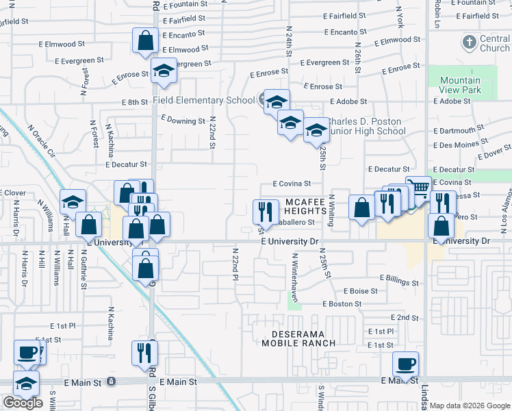 map of restaurants, bars, coffee shops, grocery stores, and more near 502 North 23rd Street in Mesa
