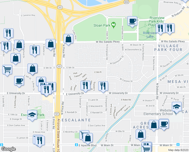 map of restaurants, bars, coffee shops, grocery stores, and more near 544 South Allred Drive in Tempe