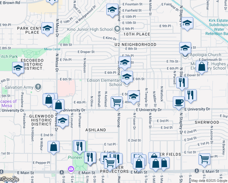 map of restaurants, bars, coffee shops, grocery stores, and more near 514 N Horne in Mesa