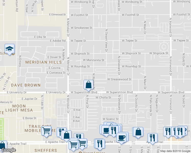 map of restaurants, bars, coffee shops, grocery stores, and more near 1031 North Warner Drive in Apache Junction