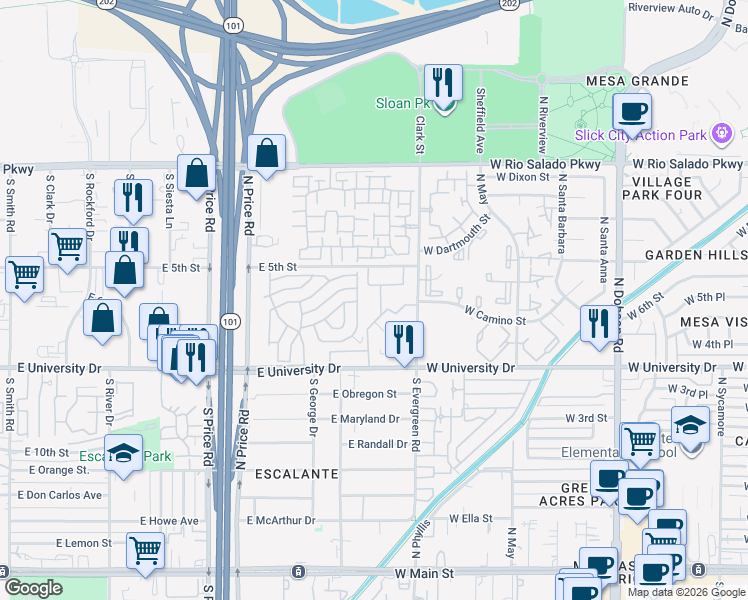 map of restaurants, bars, coffee shops, grocery stores, and more near 544 South Allred Drive in Tempe