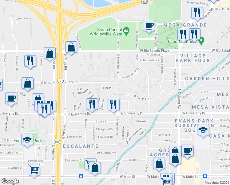 map of restaurants, bars, coffee shops, grocery stores, and more near 538 South Evergreen Road in Tempe