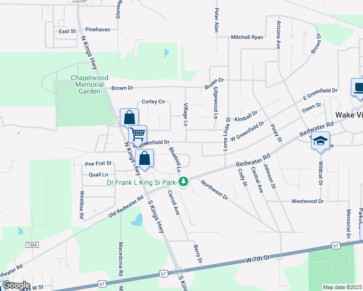 map of restaurants, bars, coffee shops, grocery stores, and more near 312 West Greenfield Drive in Wake Village