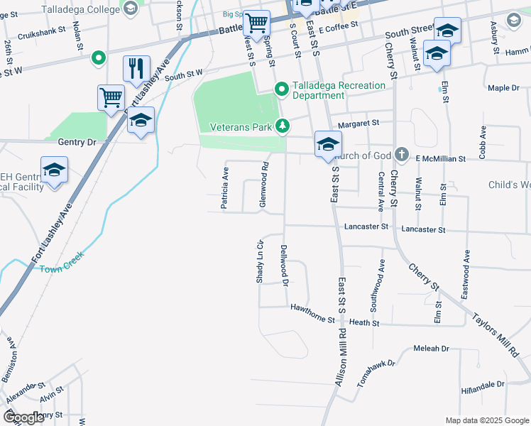 map of restaurants, bars, coffee shops, grocery stores, and more near 731 Pinehurst Drive in Talladega