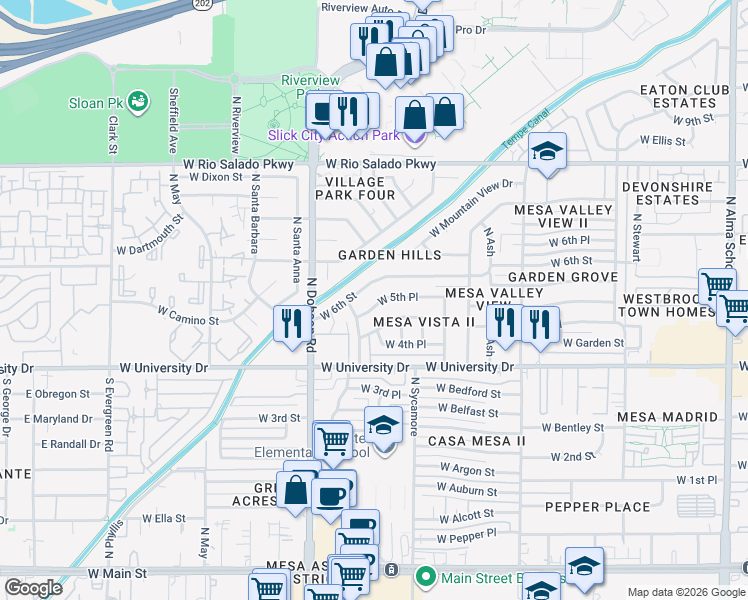 map of restaurants, bars, coffee shops, grocery stores, and more near 1854 West 5th Place in Mesa