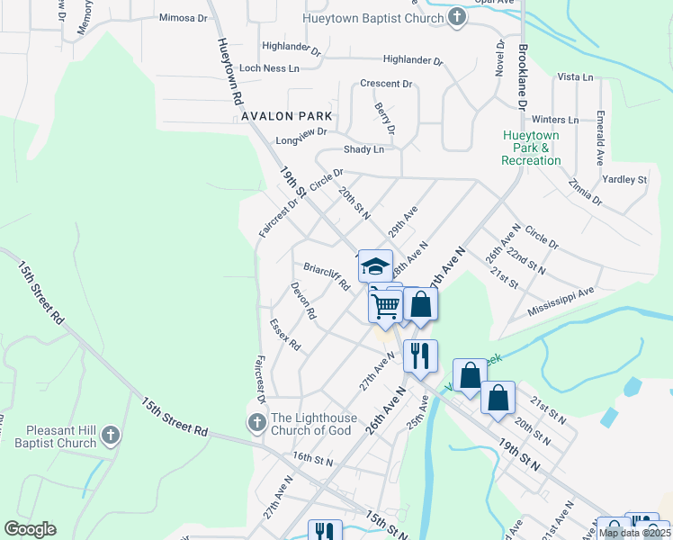 map of restaurants, bars, coffee shops, grocery stores, and more near 3001 Briarcliff Road in Hueytown