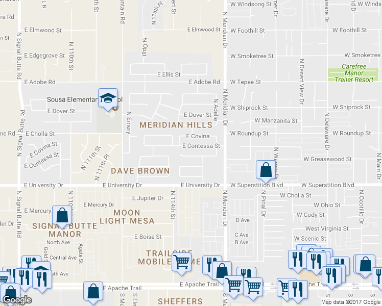 map of restaurants, bars, coffee shops, grocery stores, and more near 11442 East Camino Circle in Mesa