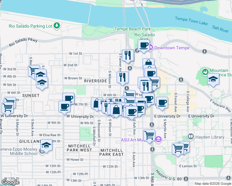 map of restaurants, bars, coffee shops, grocery stores, and more near 414 West 6th Street in Tempe