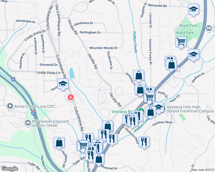 map of restaurants, bars, coffee shops, grocery stores, and more near 2501 Mountain Lodge Circle in Vestavia Hills