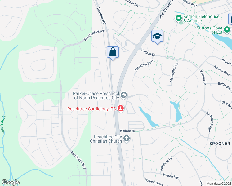 map of restaurants, bars, coffee shops, grocery stores, and more near 100 Senoia Road in Peachtree City