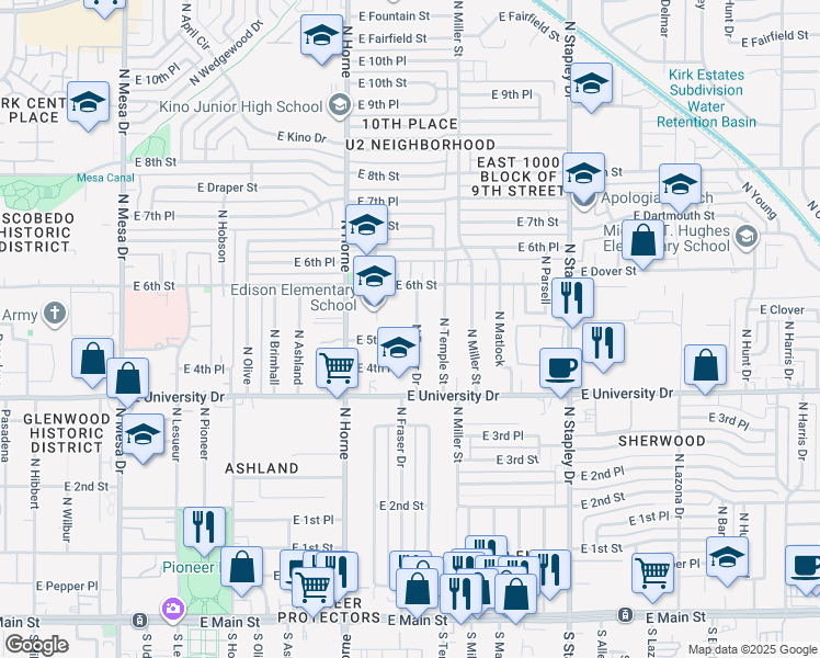 map of restaurants, bars, coffee shops, grocery stores, and more near 514 North Fraser Drive in Mesa