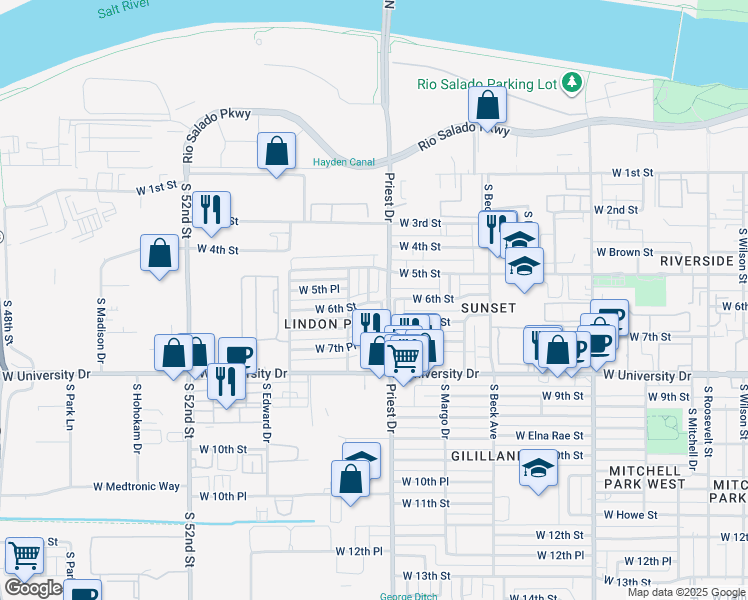 map of restaurants, bars, coffee shops, grocery stores, and more near 1416 West 6th Street in Tempe