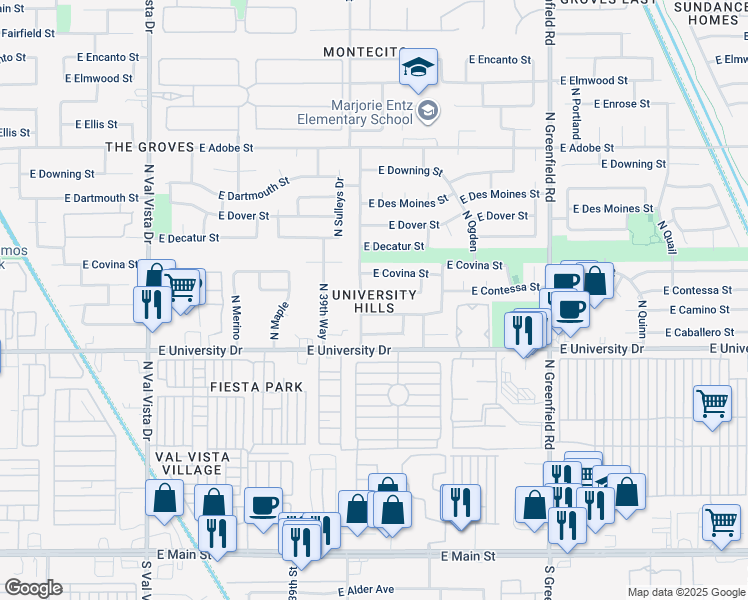 map of restaurants, bars, coffee shops, grocery stores, and more near 4029 East Contessa Street in Mesa
