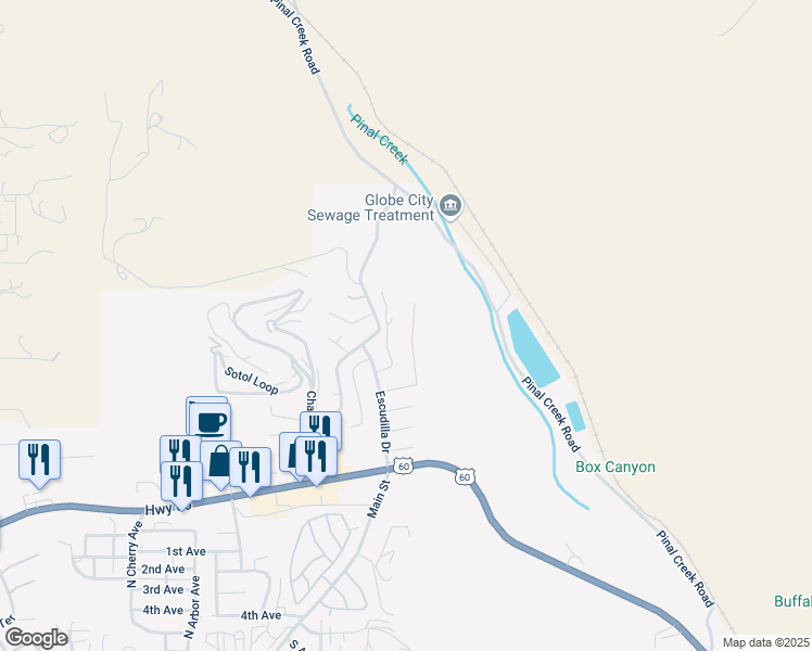 map of restaurants, bars, coffee shops, grocery stores, and more near 2426 North Agazziz Terrace in Globe
