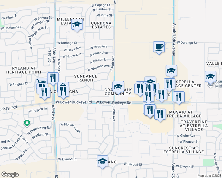 map of restaurants, bars, coffee shops, grocery stores, and more near 2605 South 79th Drive in Phoenix
