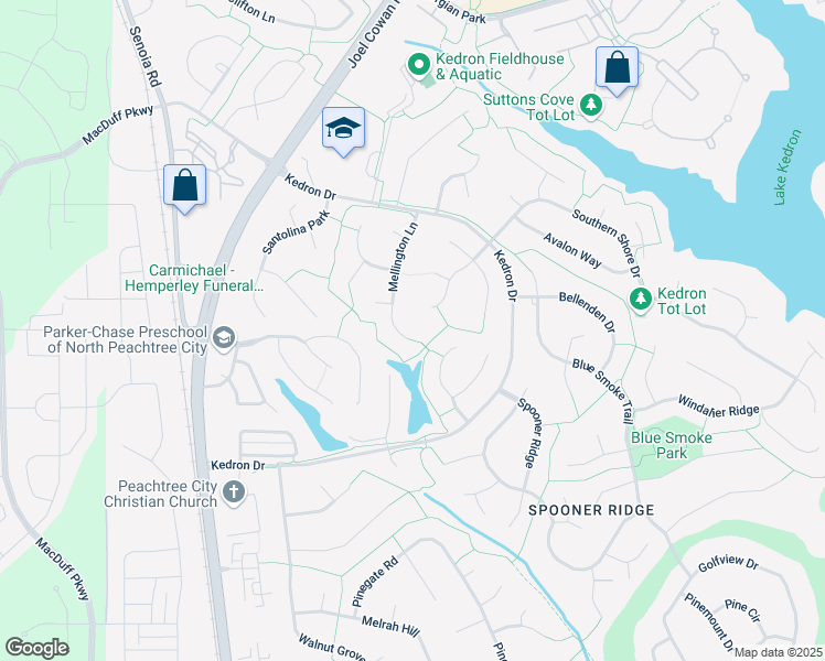 map of restaurants, bars, coffee shops, grocery stores, and more near 129 Mellington Lane in Peachtree City