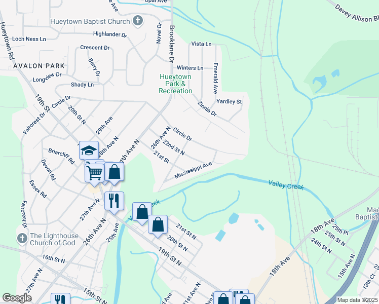 map of restaurants, bars, coffee shops, grocery stores, and more near 2441 22nd Street North in Hueytown