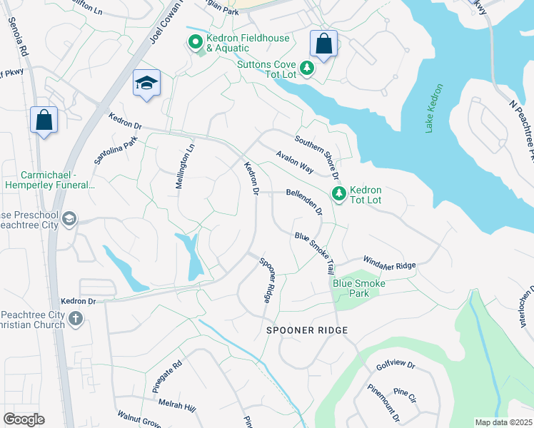 map of restaurants, bars, coffee shops, grocery stores, and more near 435 Blue Smoke Trail in Peachtree City
