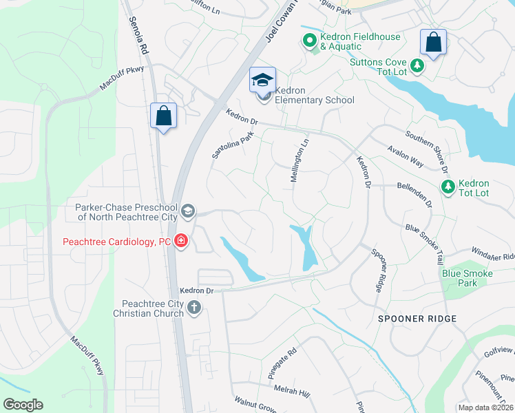 map of restaurants, bars, coffee shops, grocery stores, and more near 307 Corrigan Trce in Peachtree City