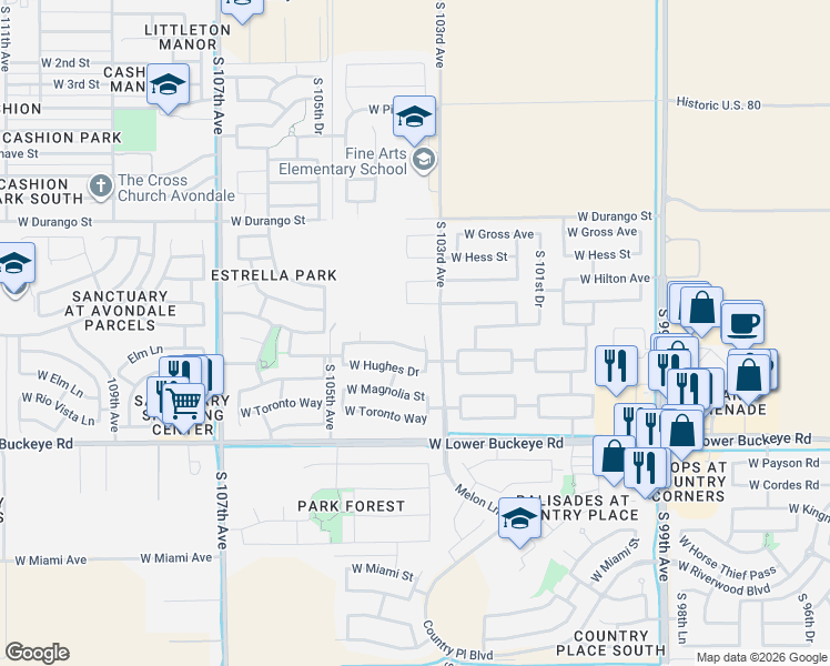 map of restaurants, bars, coffee shops, grocery stores, and more near 10334 West Hammond Lane in Tolleson