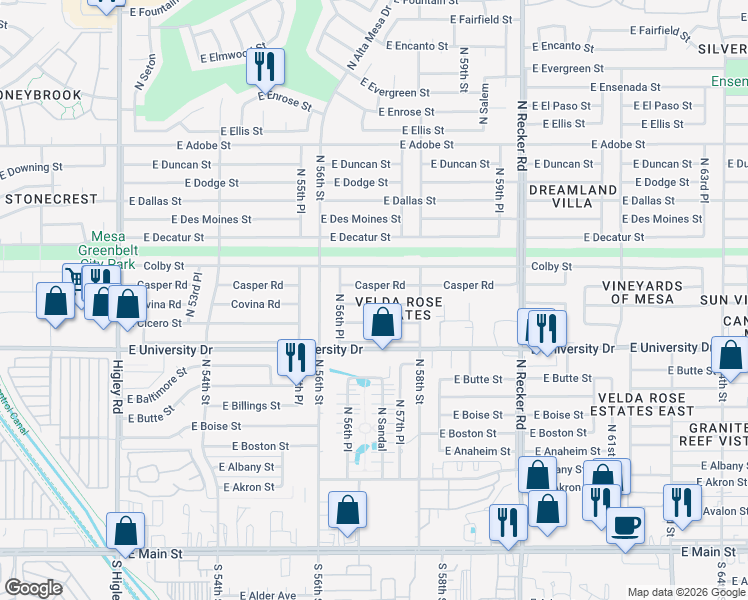 map of restaurants, bars, coffee shops, grocery stores, and more near 5702 East Covina Street in Mesa