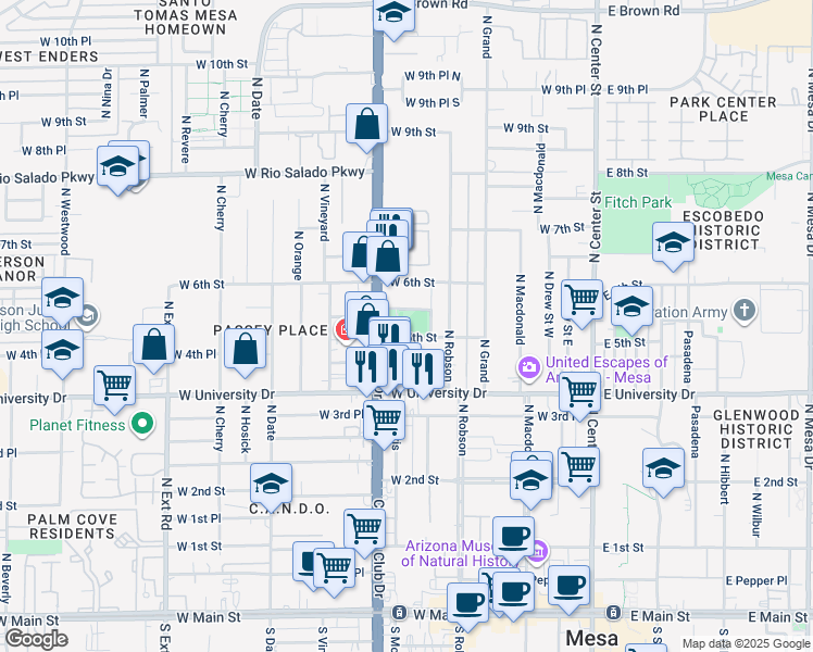 map of restaurants, bars, coffee shops, grocery stores, and more near 328 West 5th Street in Mesa